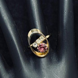 Gold Tone With Pink And Clear Rhinestone Adjustable Ring (349)